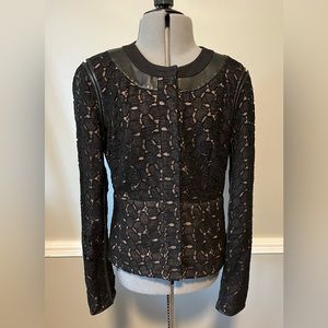 Diane von Furstenberg Black Lace Jacket with Leather Trim Size 8